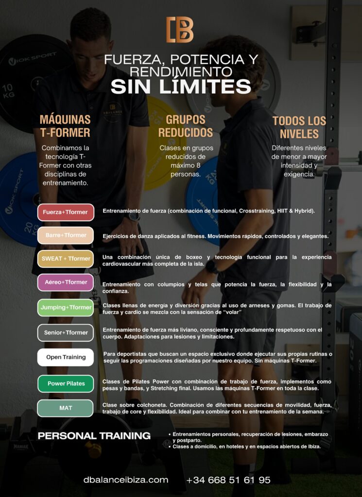 Folleto de DBalance Ibiza con horarios y servicios de entrenamiento funcional.